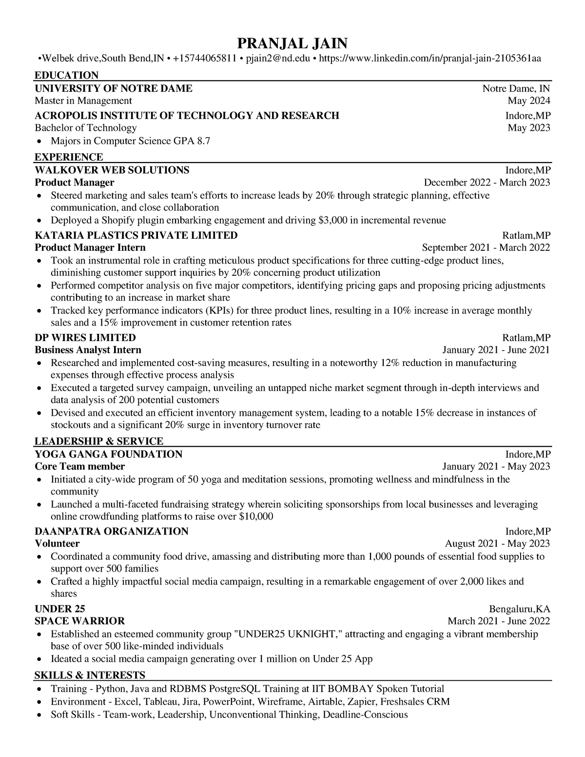 Resume for job applications - FIN 20100 - Notre Dame - Studocu