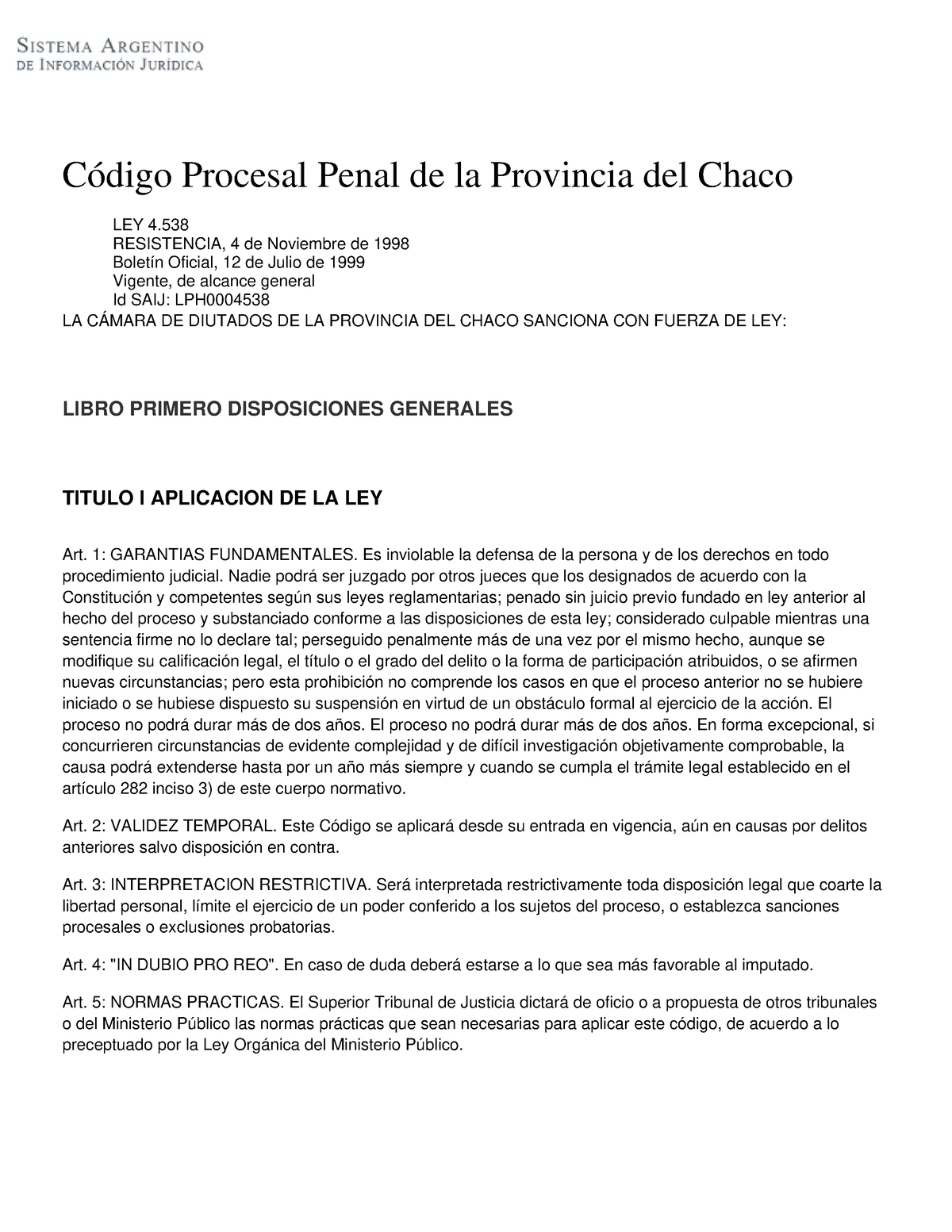 Código Procesal Penal De La Provincia Del Chaco - RESISTENCIA, 4 De ...