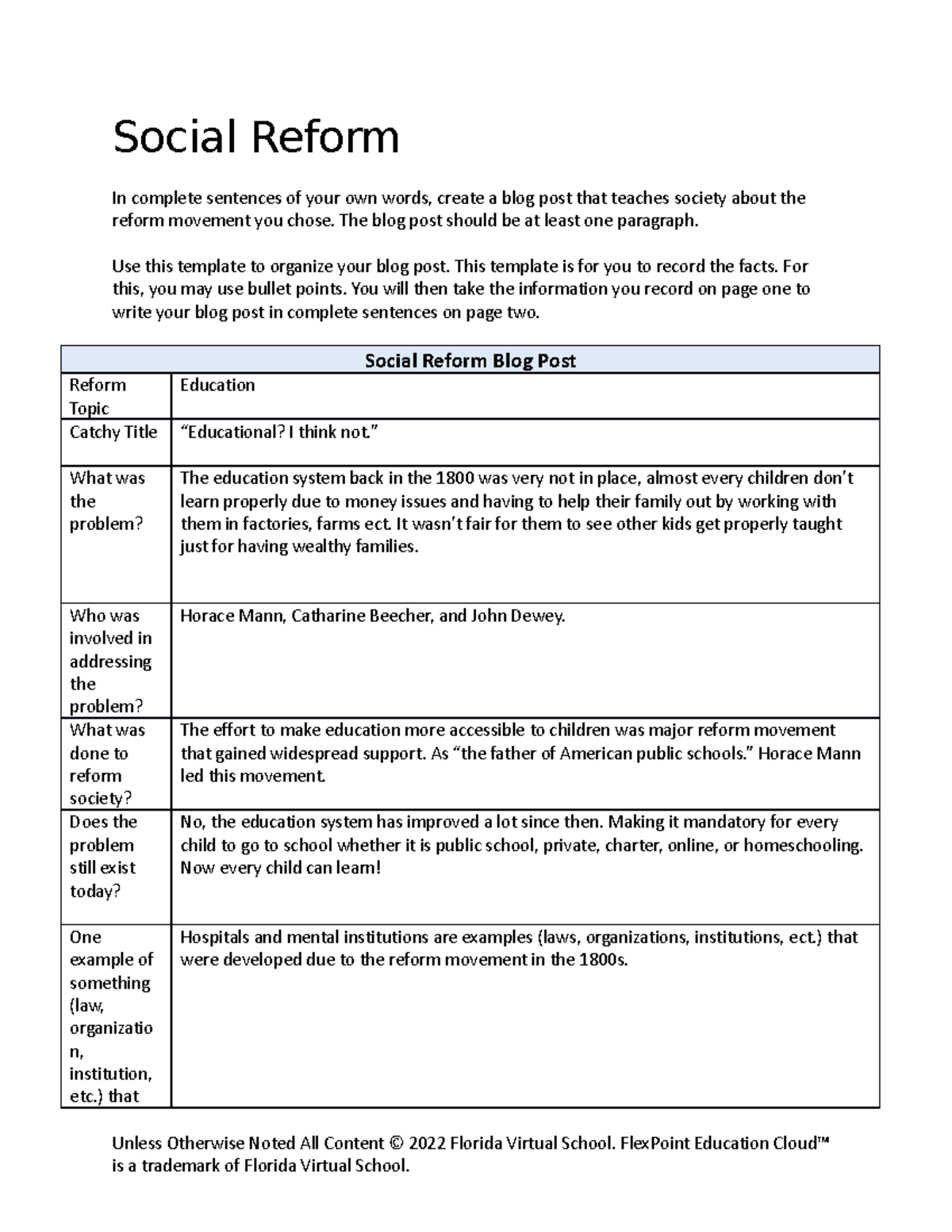 Social reform template Social Reform In complete sentences of your