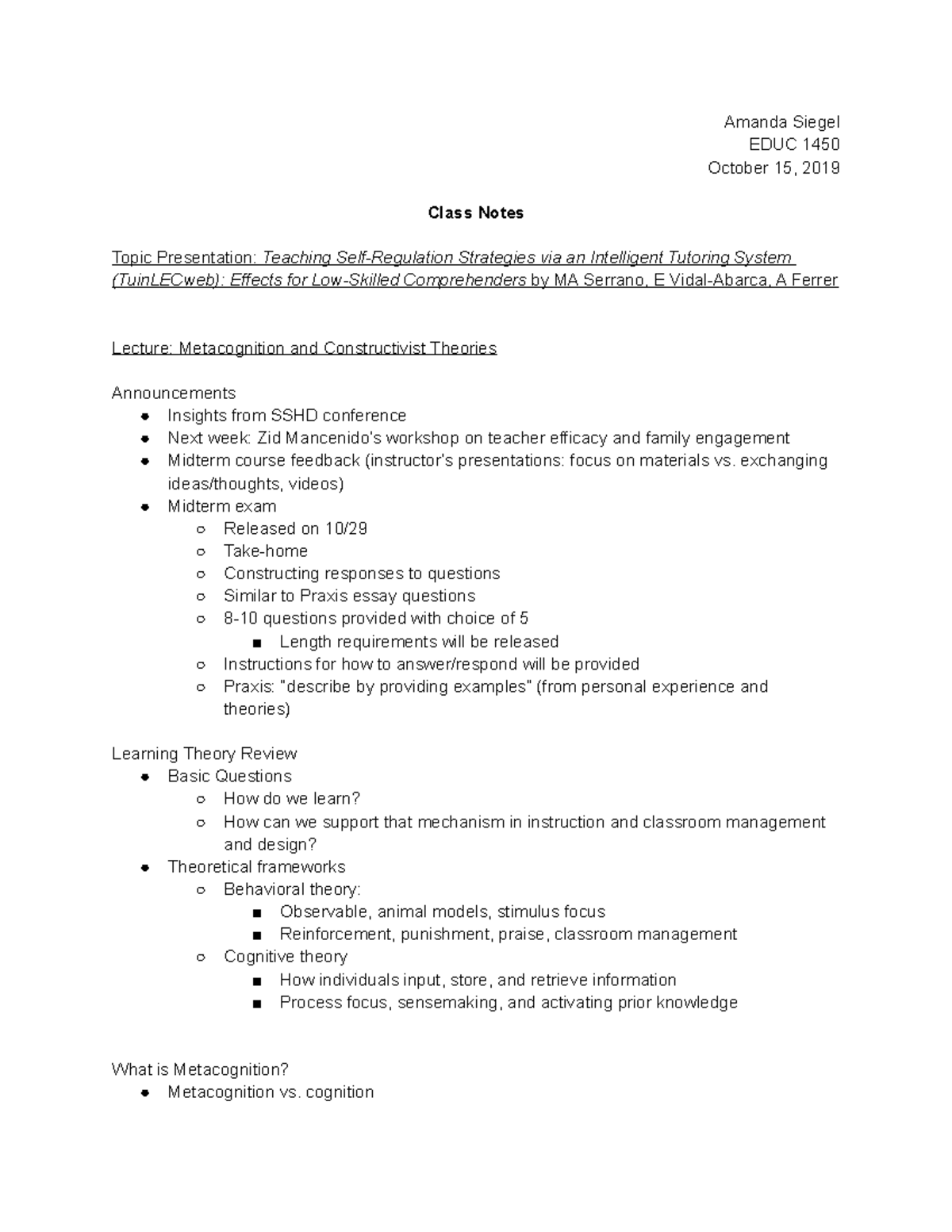10/15 Class Notes - Professor Yoko Yamamoto - Amanda Siegel EDUC 1450 ...