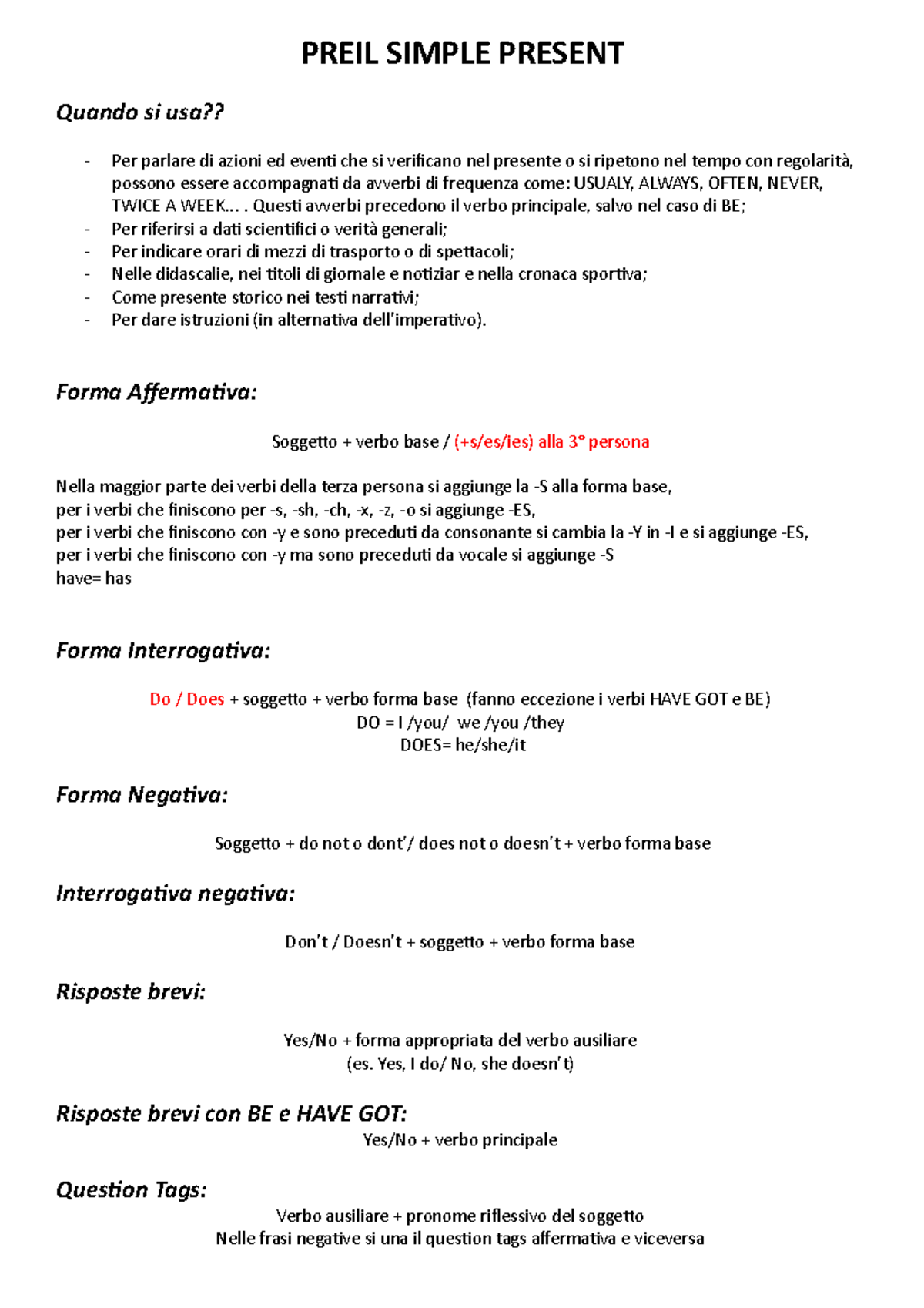 Idoneit Lingua Inglese B1 B2 PREIL SIMPLE PRESENT Quando Si Usa