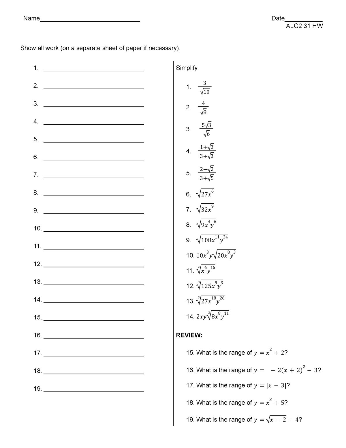 ALG2 31 HW - ALG2 31 HW - Name_____________________________ Date ...