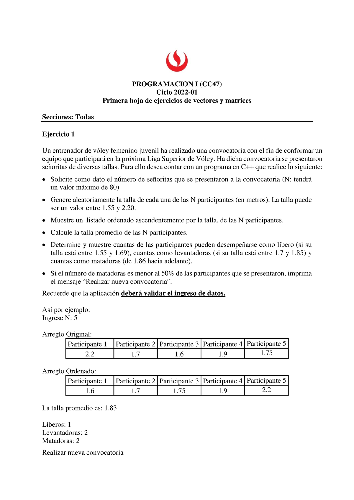 Hoja 01 De Ejercicios De Vectores Y Matrices - PROGRAMACION I (CC47 ...