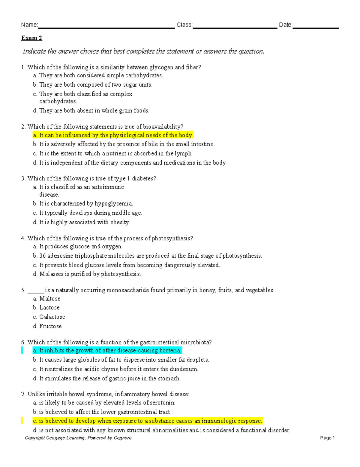 Bio Exam 2 Practice 2016 - Exam 2 Indicate The Answer Choice That Best ...