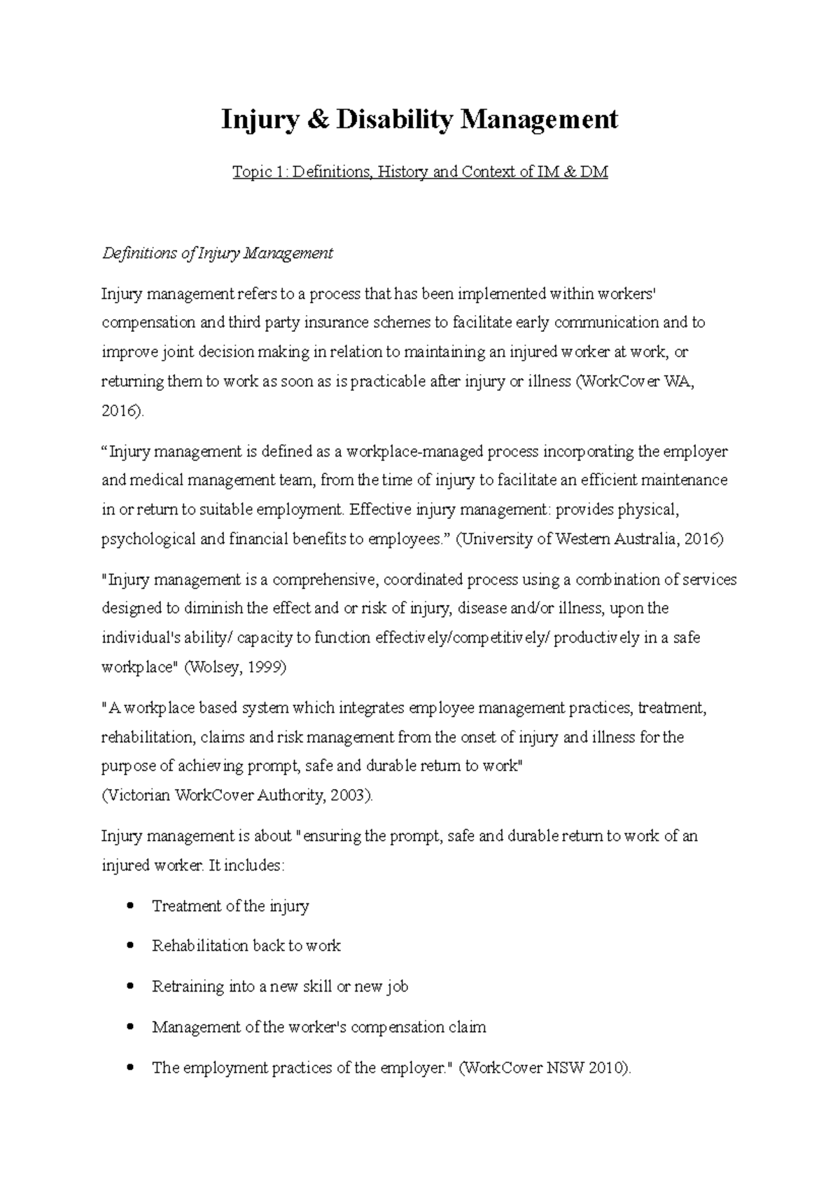 Injury and disability management Topic 1 Injury & Disability