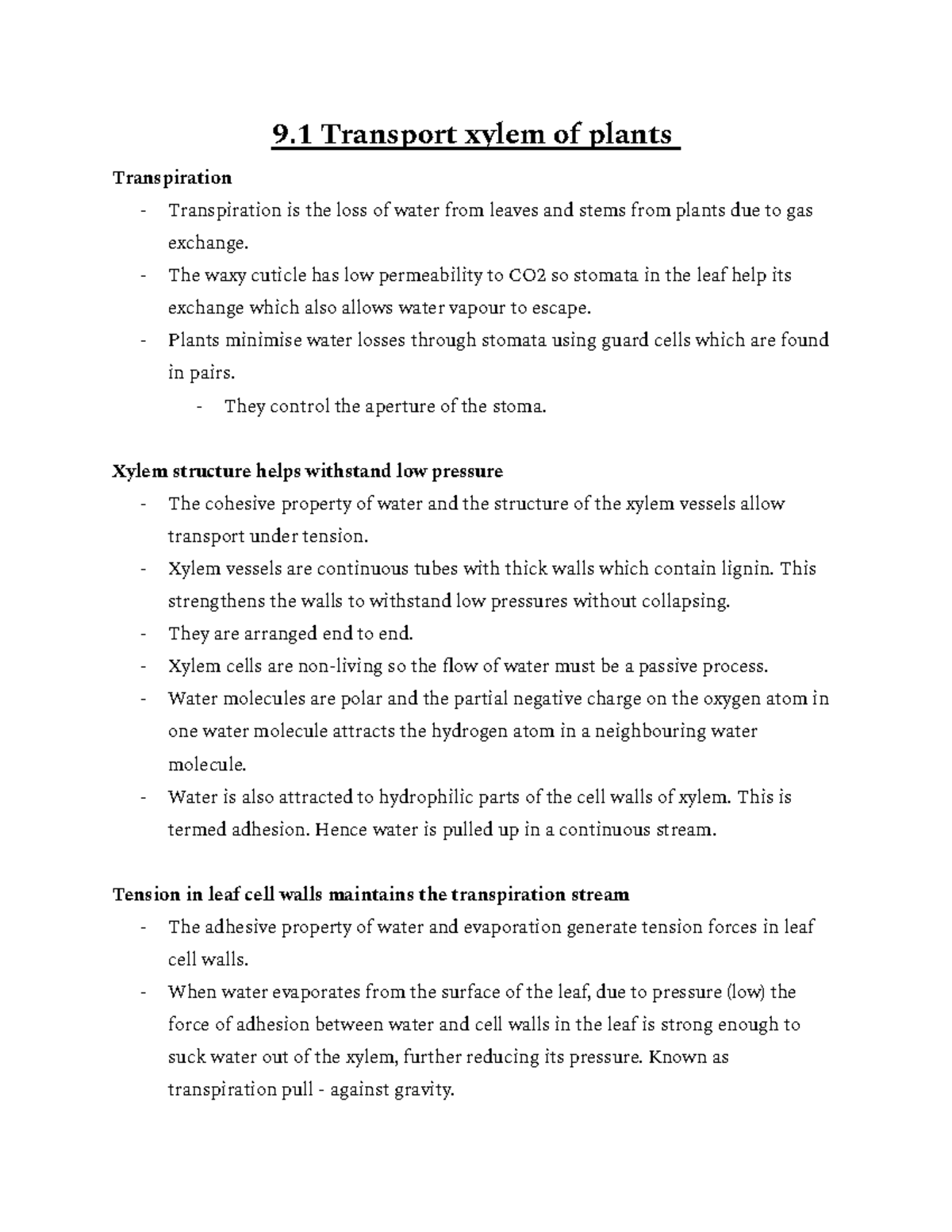 HL Chapter 9 - Plants - 9 Transport Xylem Of Plants Transpiration ...