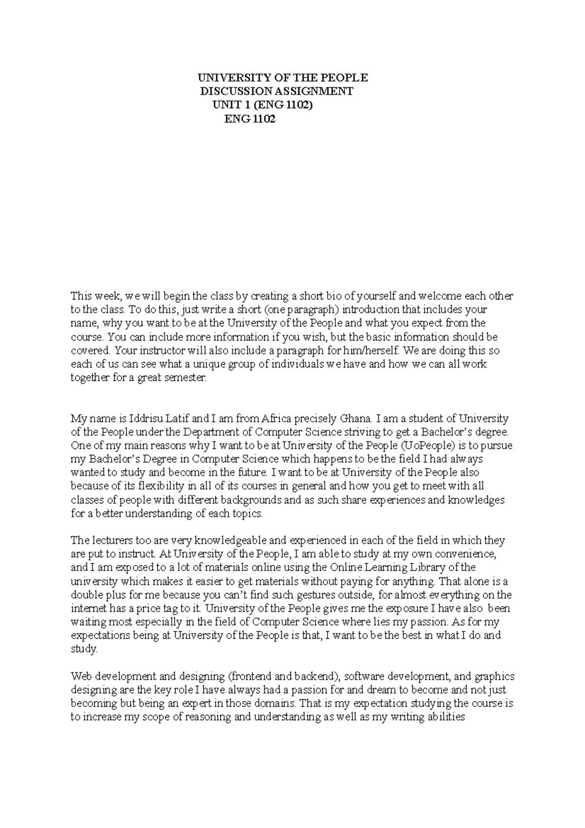 Written Assignment Unit 1 - UNIVERSITY OF THE PEOPLE DISCUSSION ...