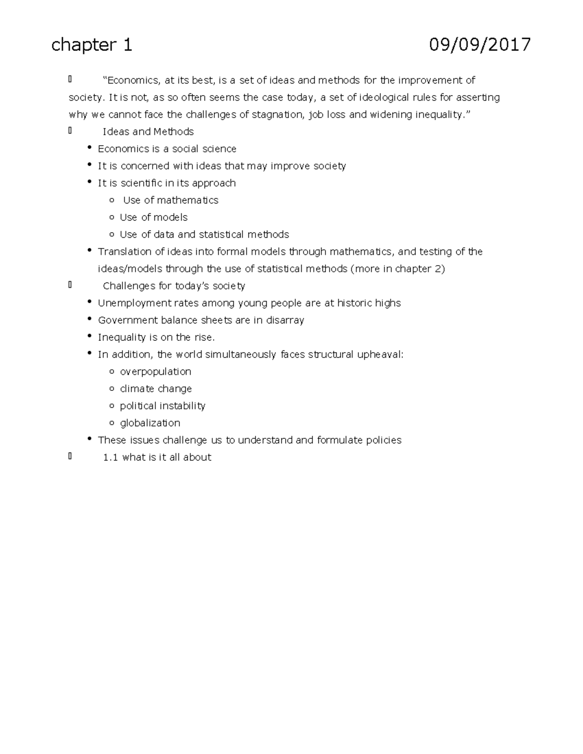 econ 201 midterm notes - chapter 1 at its best, is a set of ideas and ...