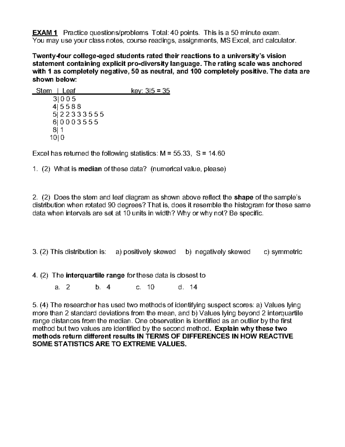 Psych 317 Practice Exam 1 - EXAM 1 Practice questions/problems Total ...