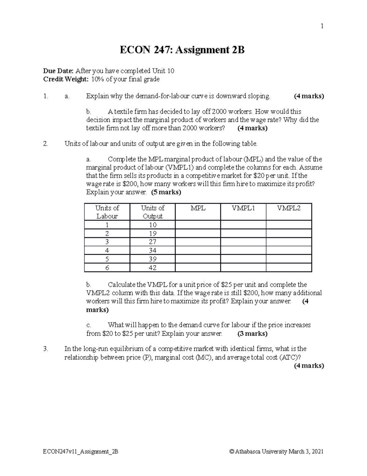 ECON247v11 Assignment 2B Mar2021 - ECON 247: Assignment 2B Due Date ...