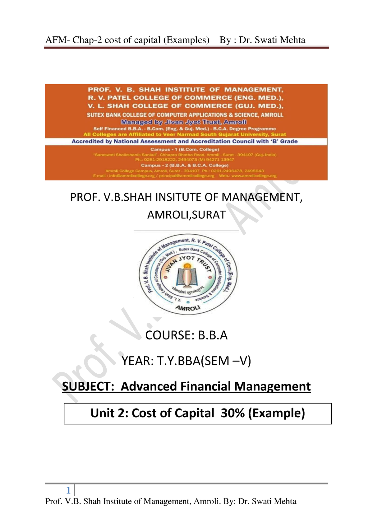 Unit 2 Cost Of Capital - BBA - 1 PROF. V.B INSITUTE OF MANAGEMENT ...