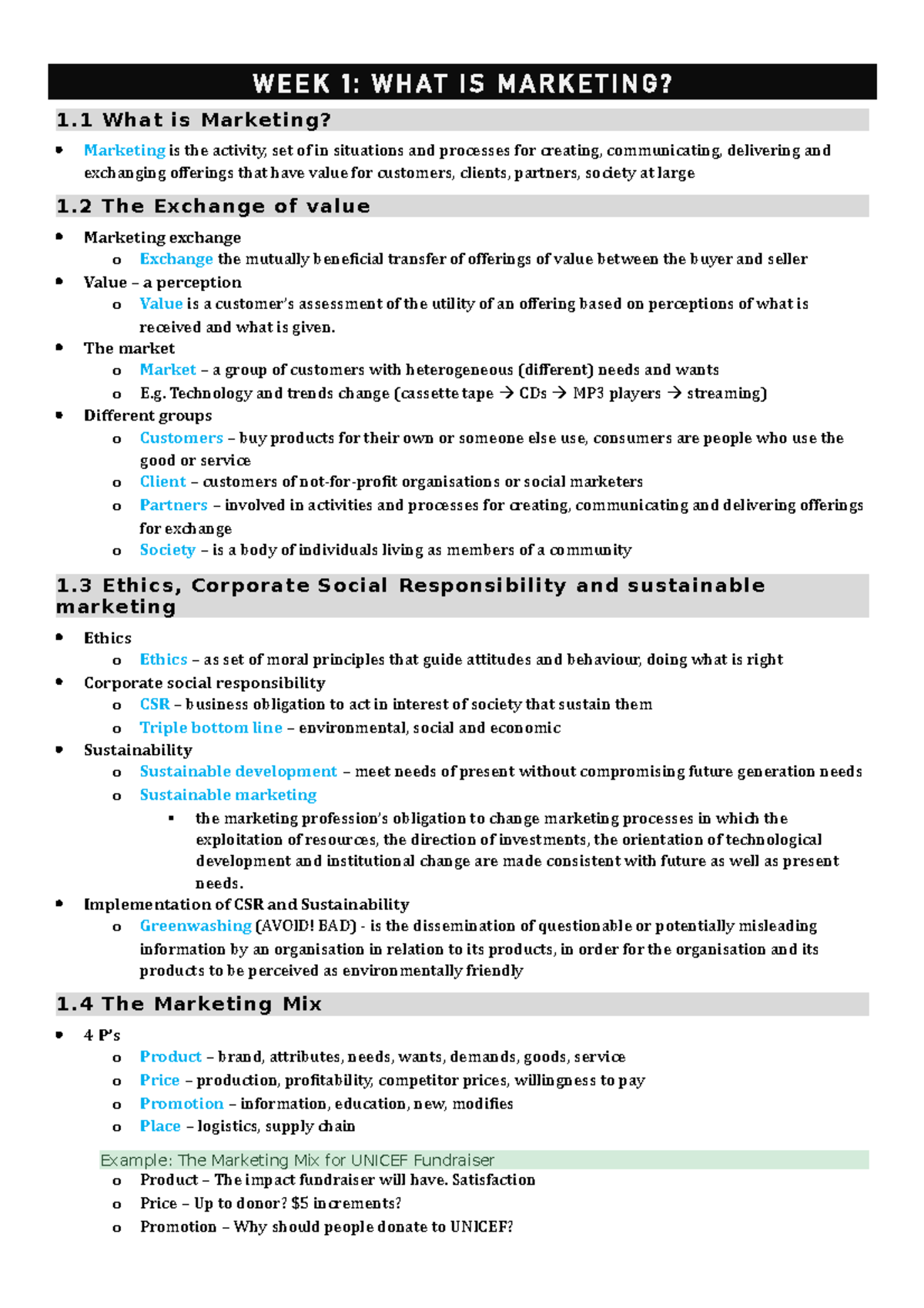 Week 1 Marketing summary - WEEK 1: WHAT IS MARKETING? 1 What is ...