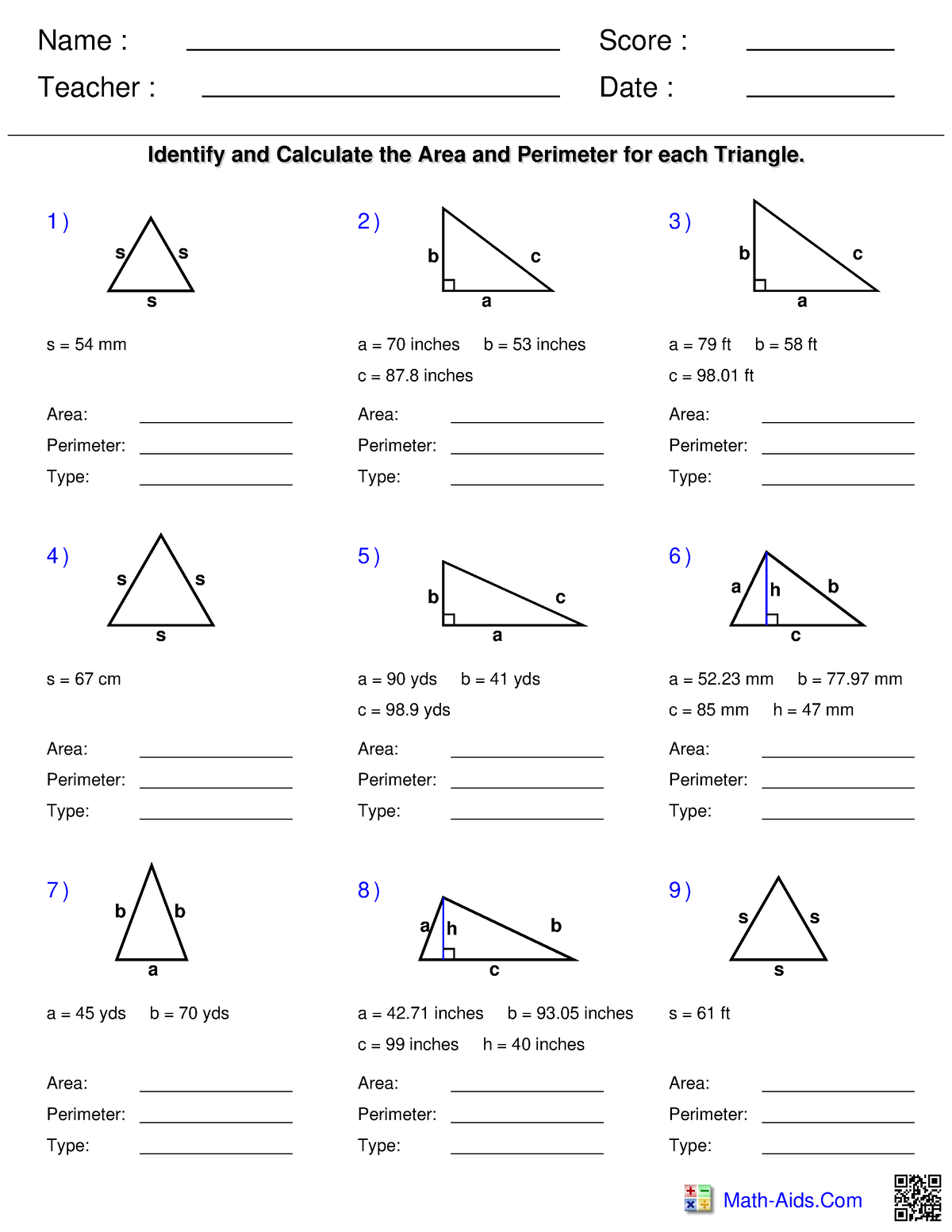 Area and perimeter of triangles 1 - Name : Teacher : Date : Score ...