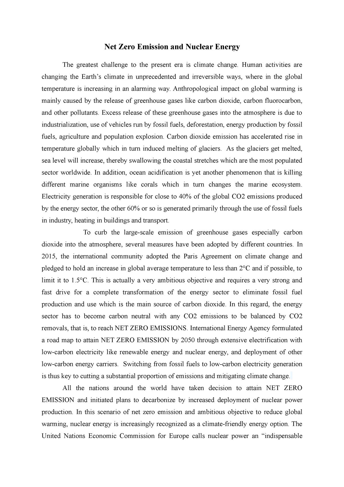 essay on net zero emissions and nuclear energy