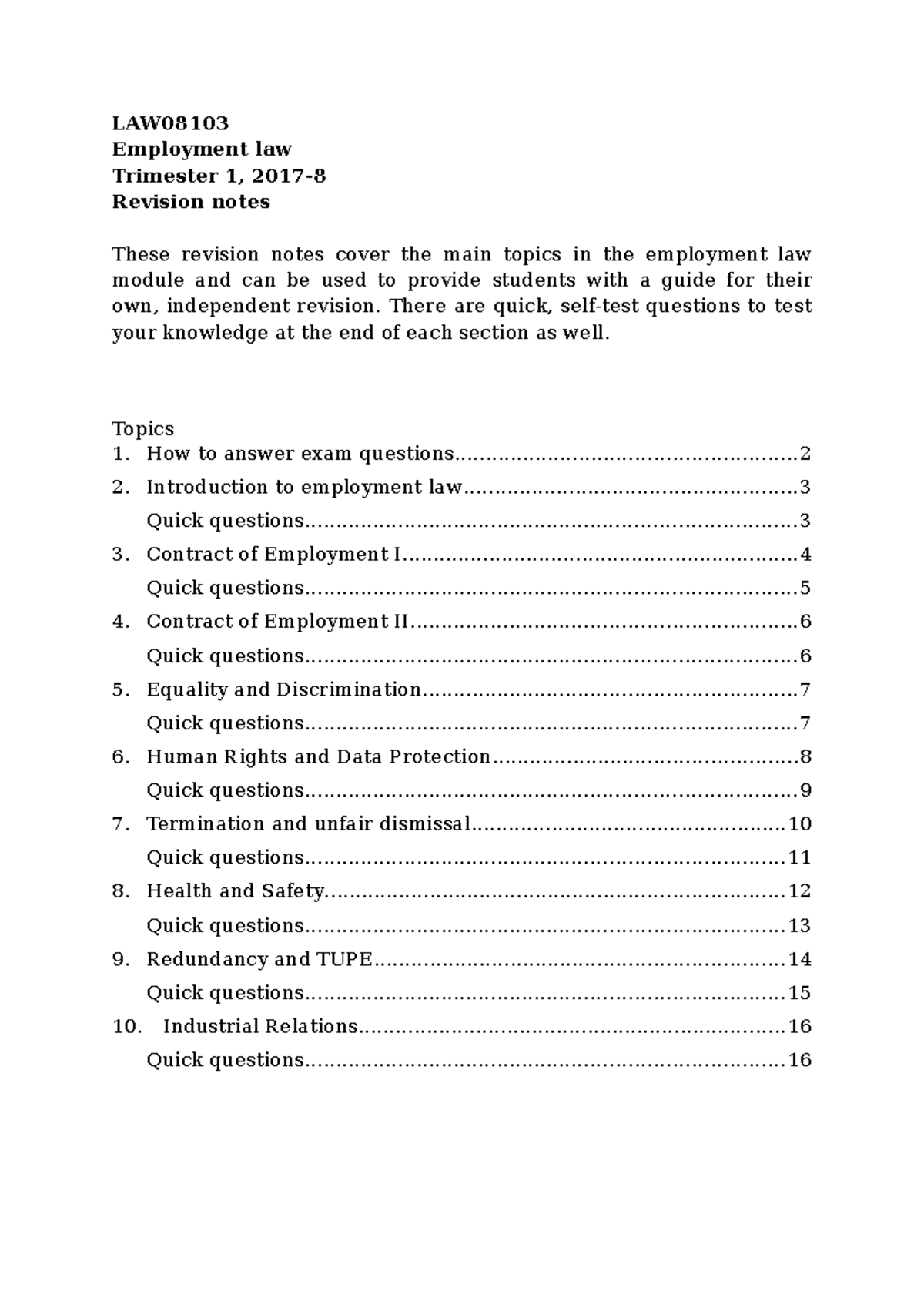 Revision notes - Summary Employment Law - LAW08103 Employment law ...