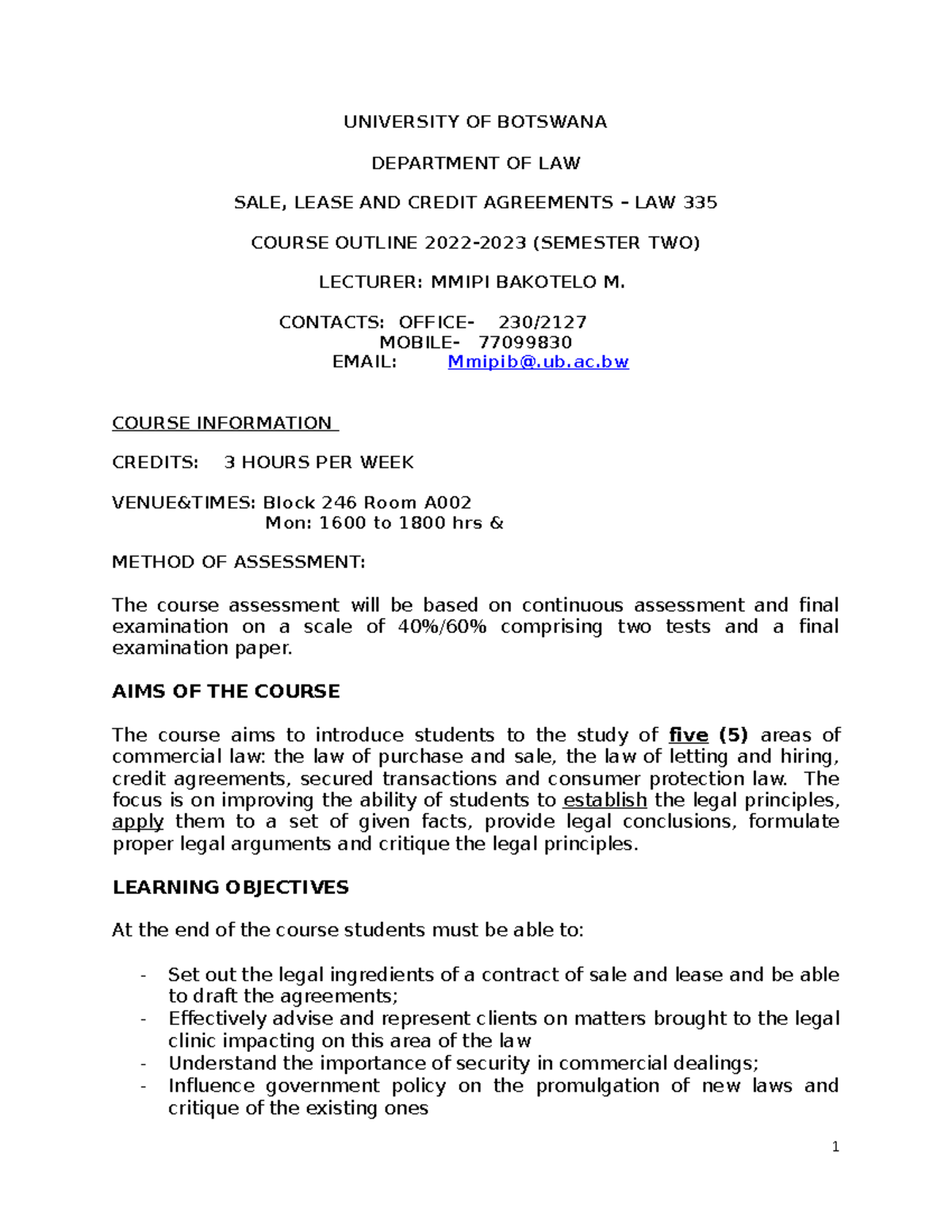 Law 335 Course Outline 2023 - UNIVERSITY OF BOTSWANA DEPARTMENT OF LAW