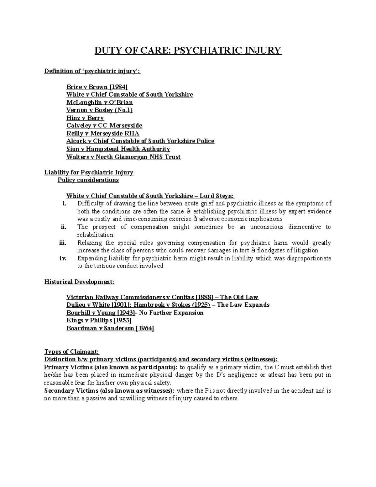 Psychiatric injury primary and secondary DUTY OF CARE PSYCHIATRIC