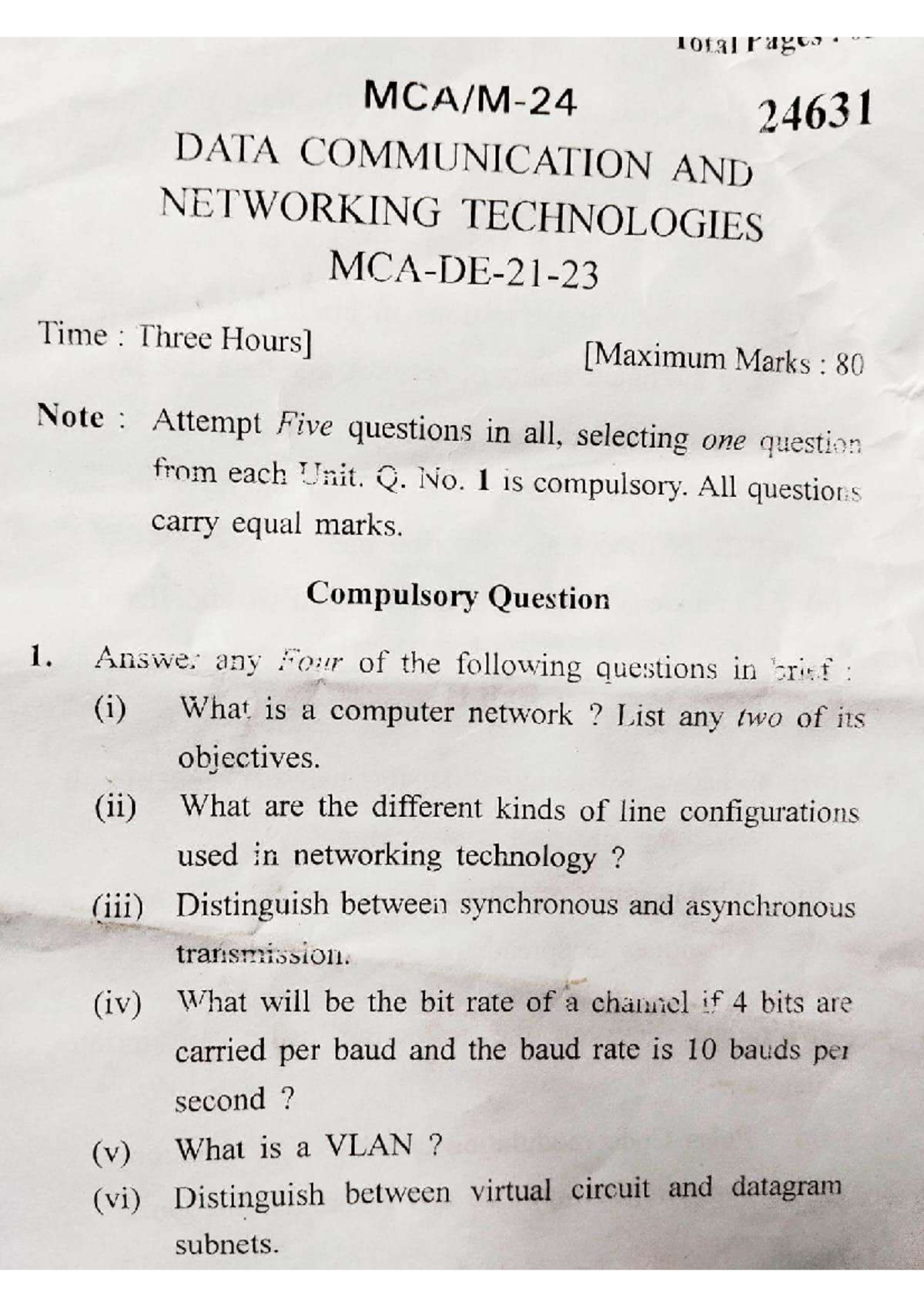 Question Paper of Data Communication - 24631 DATA COMMUNICATION AND ...