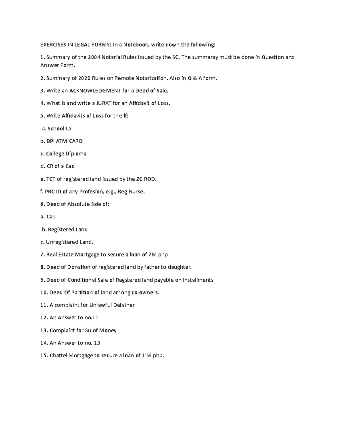 Exercises IN Legal Forms EXERCISES IN LEGAL FORMS In a Notebook