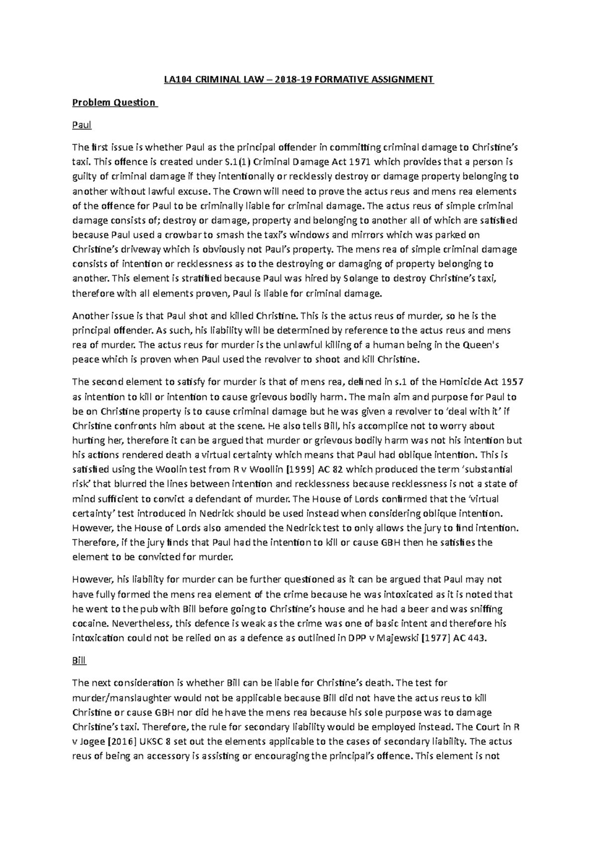 Criminal Law Formative - LA104 CRIMINAL LAW – 2018-19 FORMATIVE ...