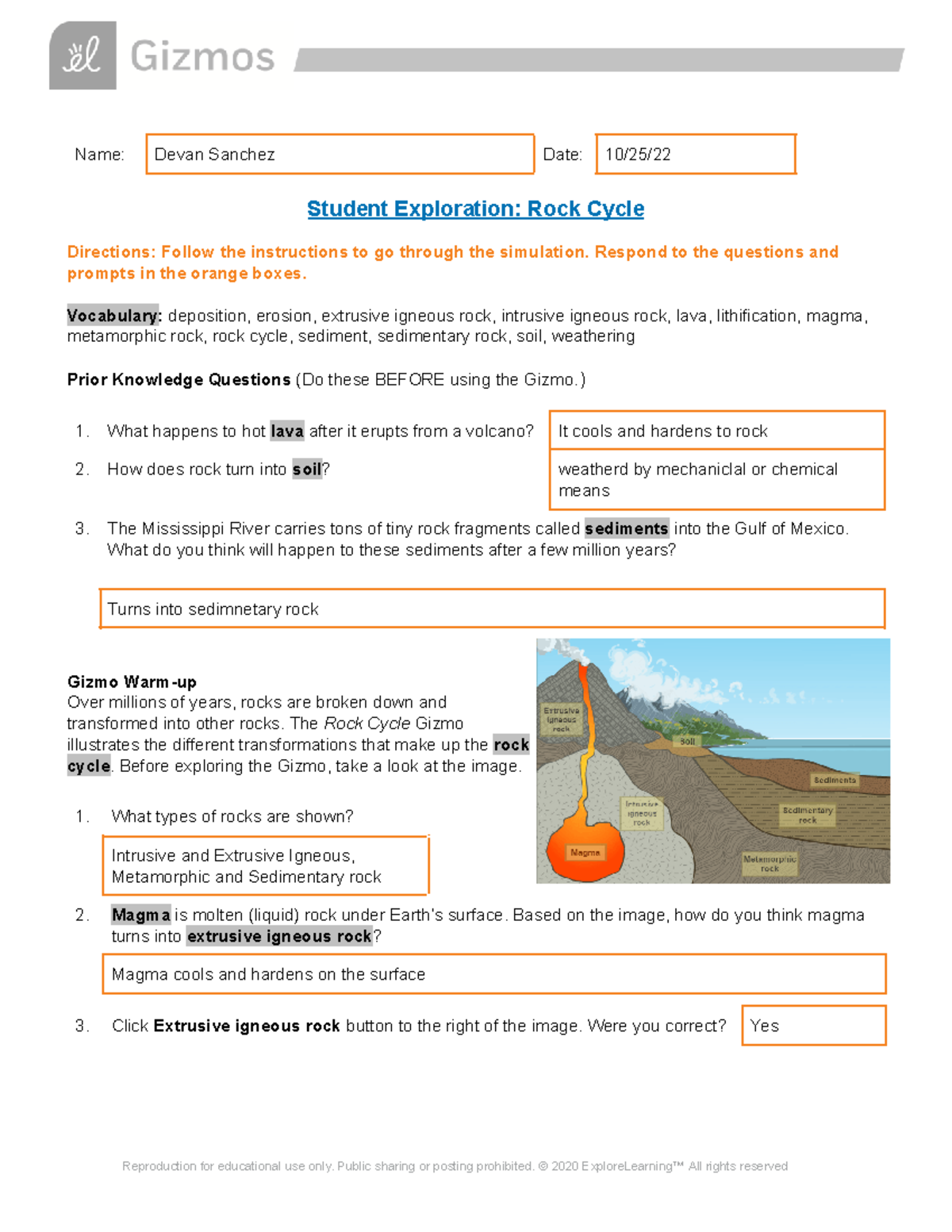 Rock Cycle SE - Gizmo - Name: Devan Sanchez Date: 10/25/ Student ...