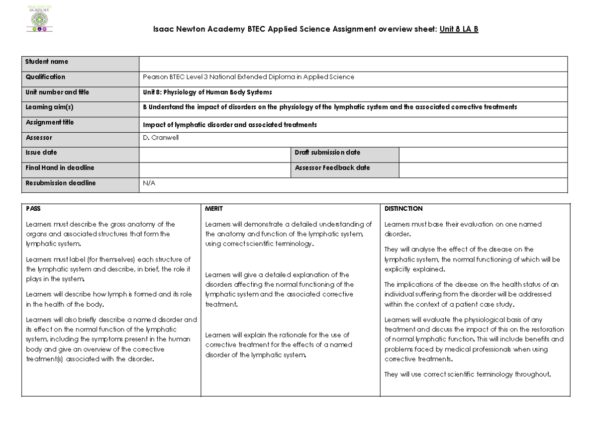 Unit 8 LA B Pre Assignment Booklet - Student name Qualification Pearson ...