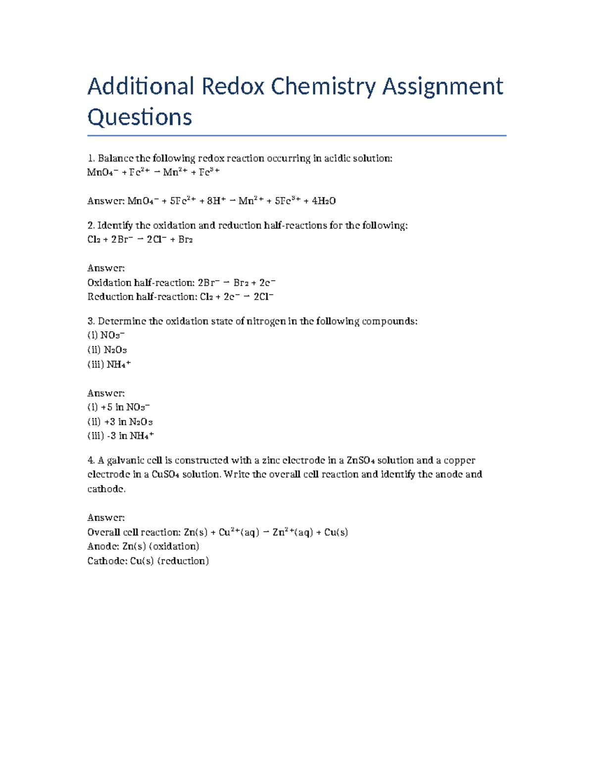 Additional Redox Chemistry Assignment Questions - Additional Redox ...