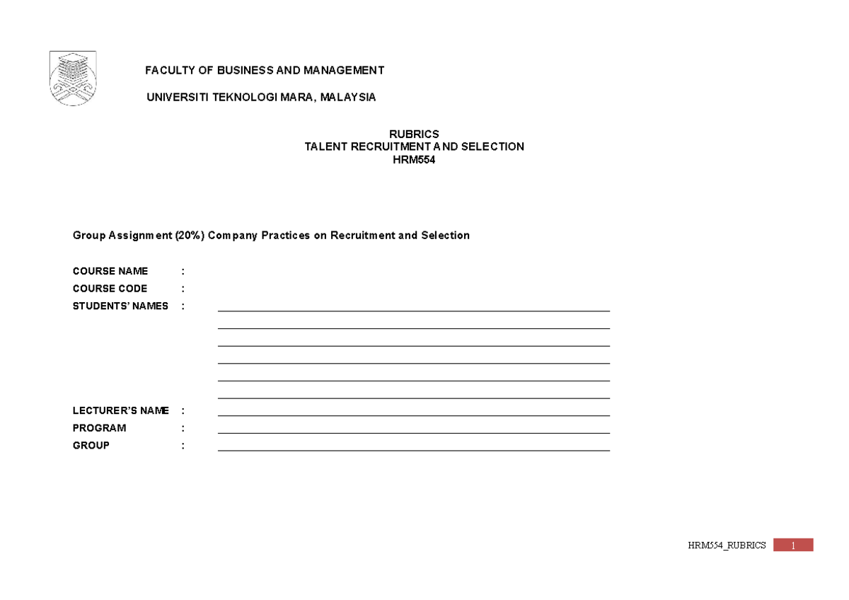 CASE Study Rubrics ON Talent Recruitment AND Selection FACULTY OF