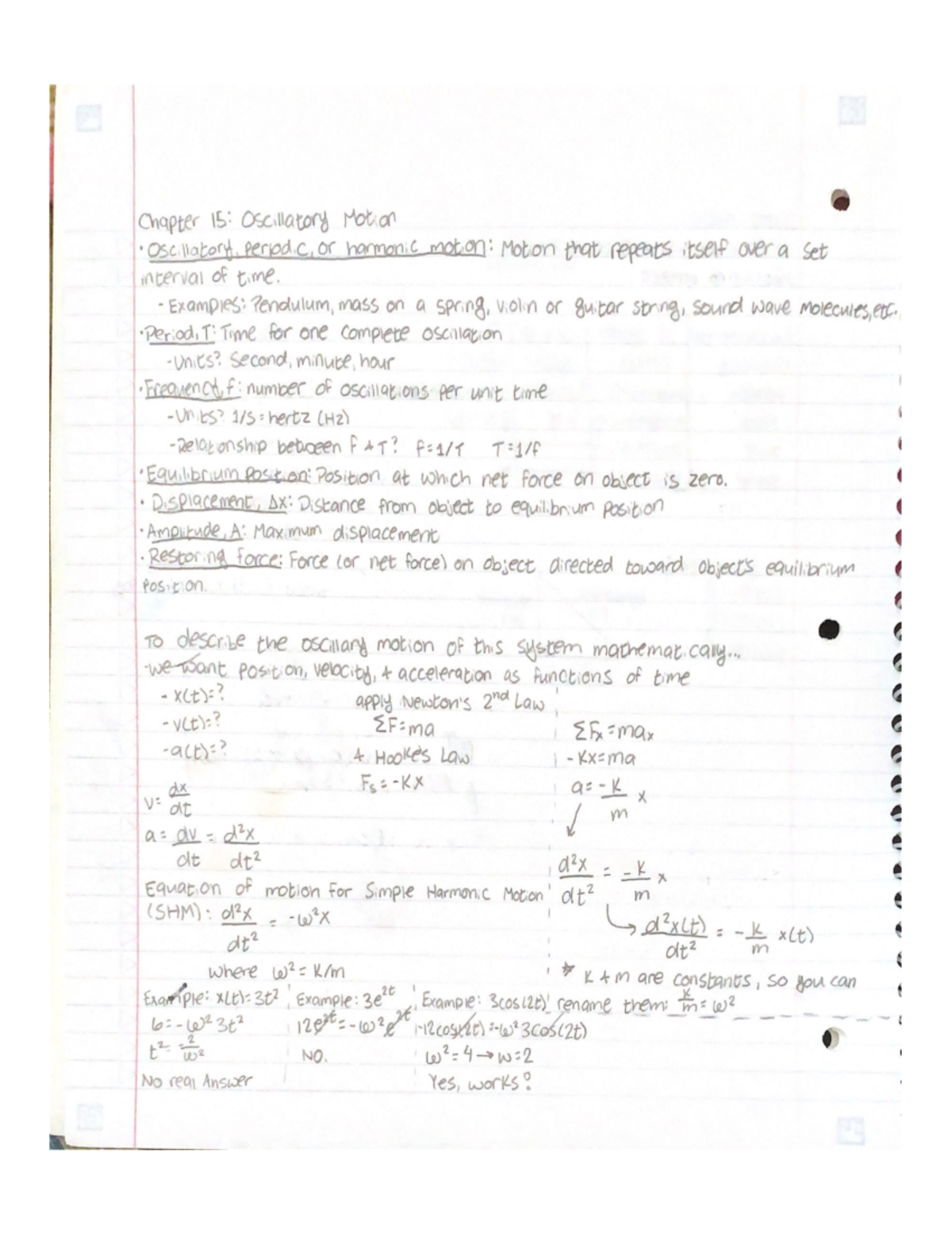 Chapter 15 Notes+HW - Notes on oscillatory motion and practice problems ...