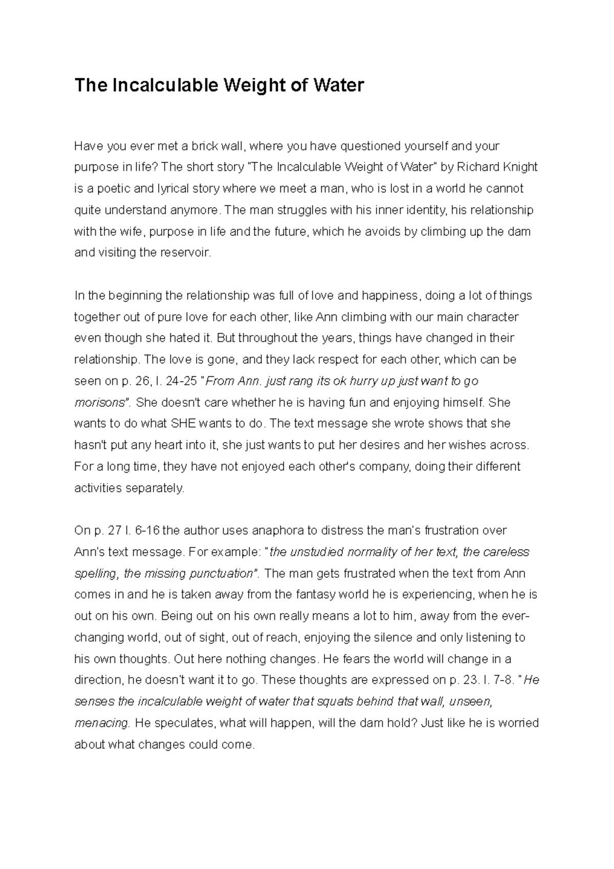 The Incalculable weight of water Engelsk Analyse The Incalculable