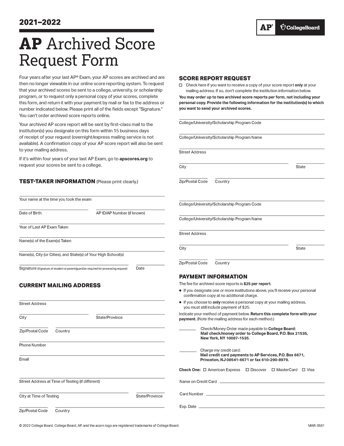 Ap Archived Score Request Form