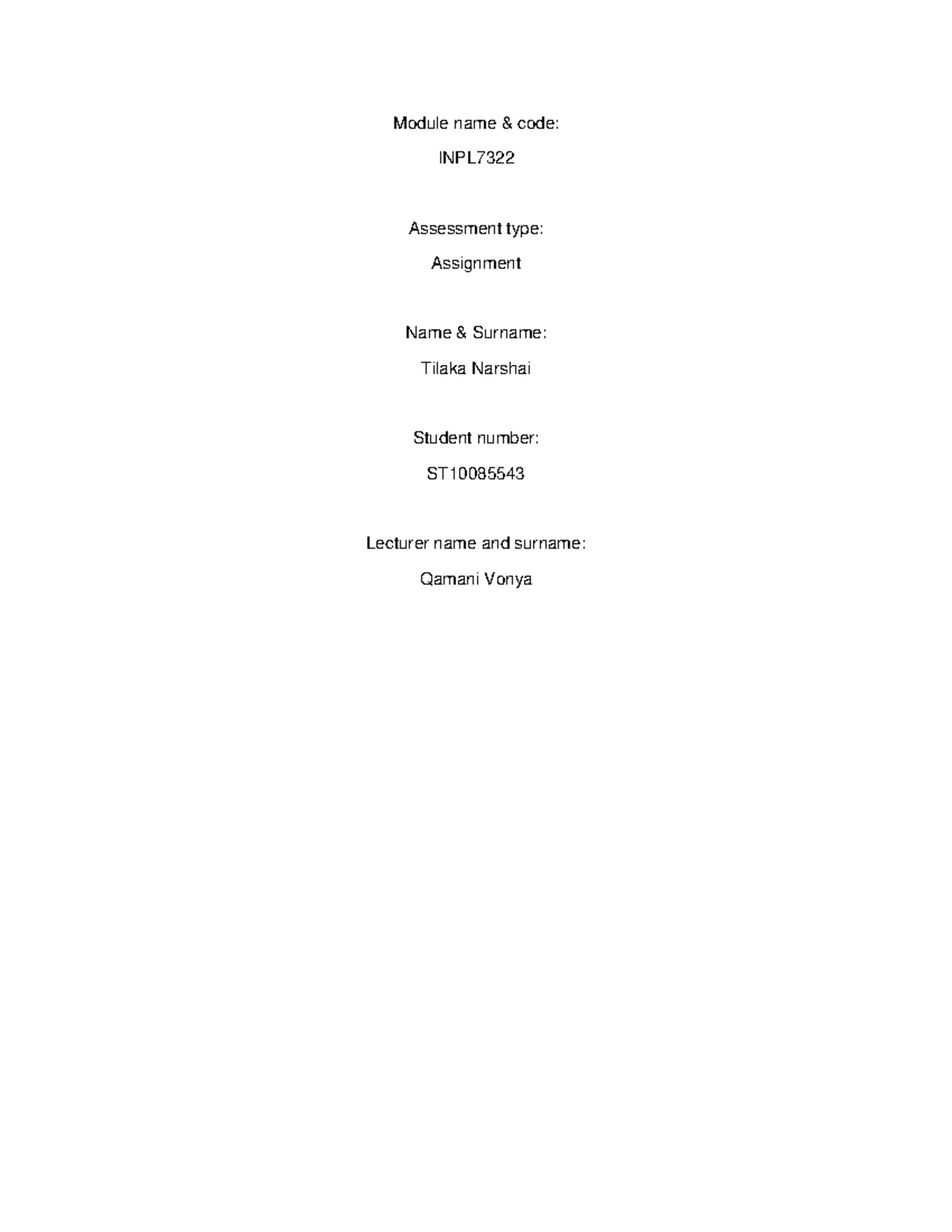 ST10085543 INPL7322 Assignment 1 - Module name & code: INPL732 2 ...