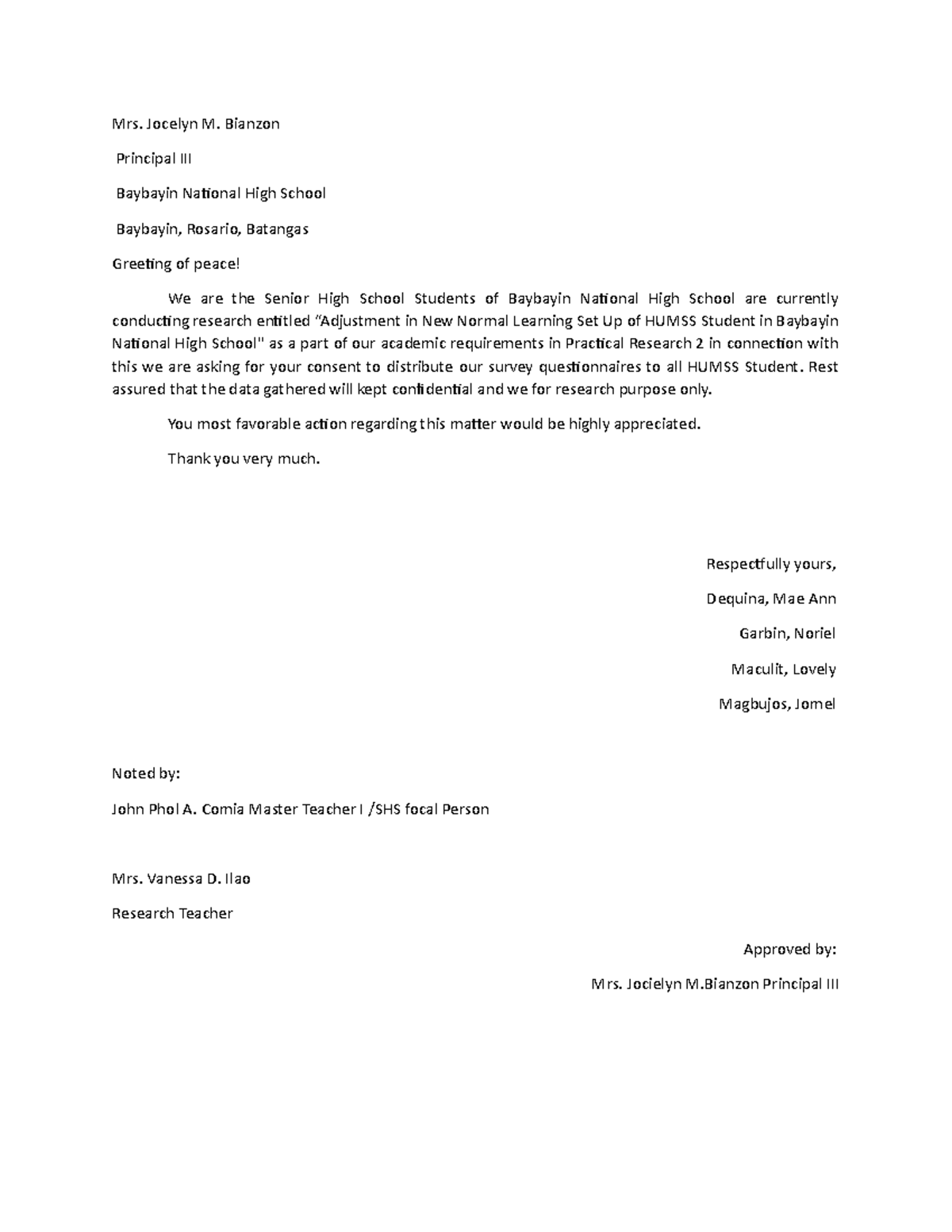Lovely- Letter - Mrs. Jocelyn M. Bianzon Principal III Baybayin ...