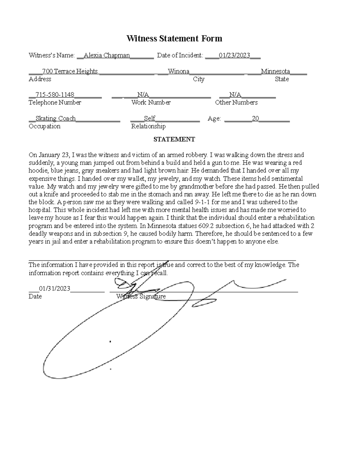 Witness Statement - I was walking down the stress and suddenly, a young ...