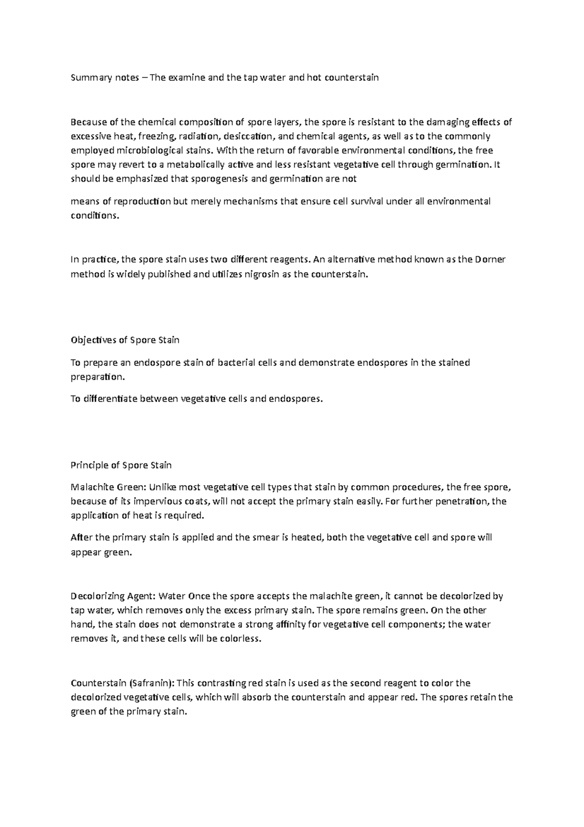 Summary notes The examine and the tap water and hot counterstain