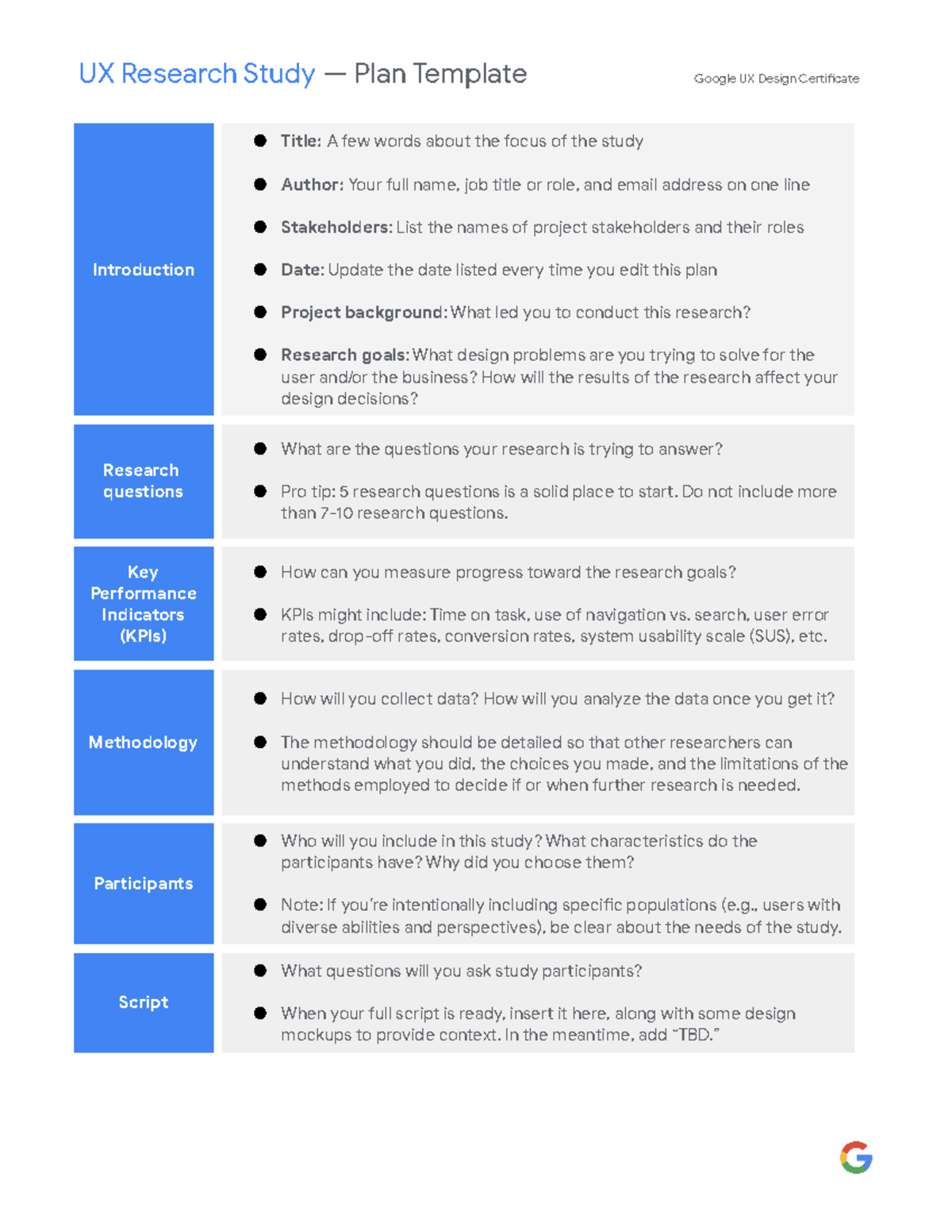 UX Research Study Plan Template - UX Research Study — Plan Template ...