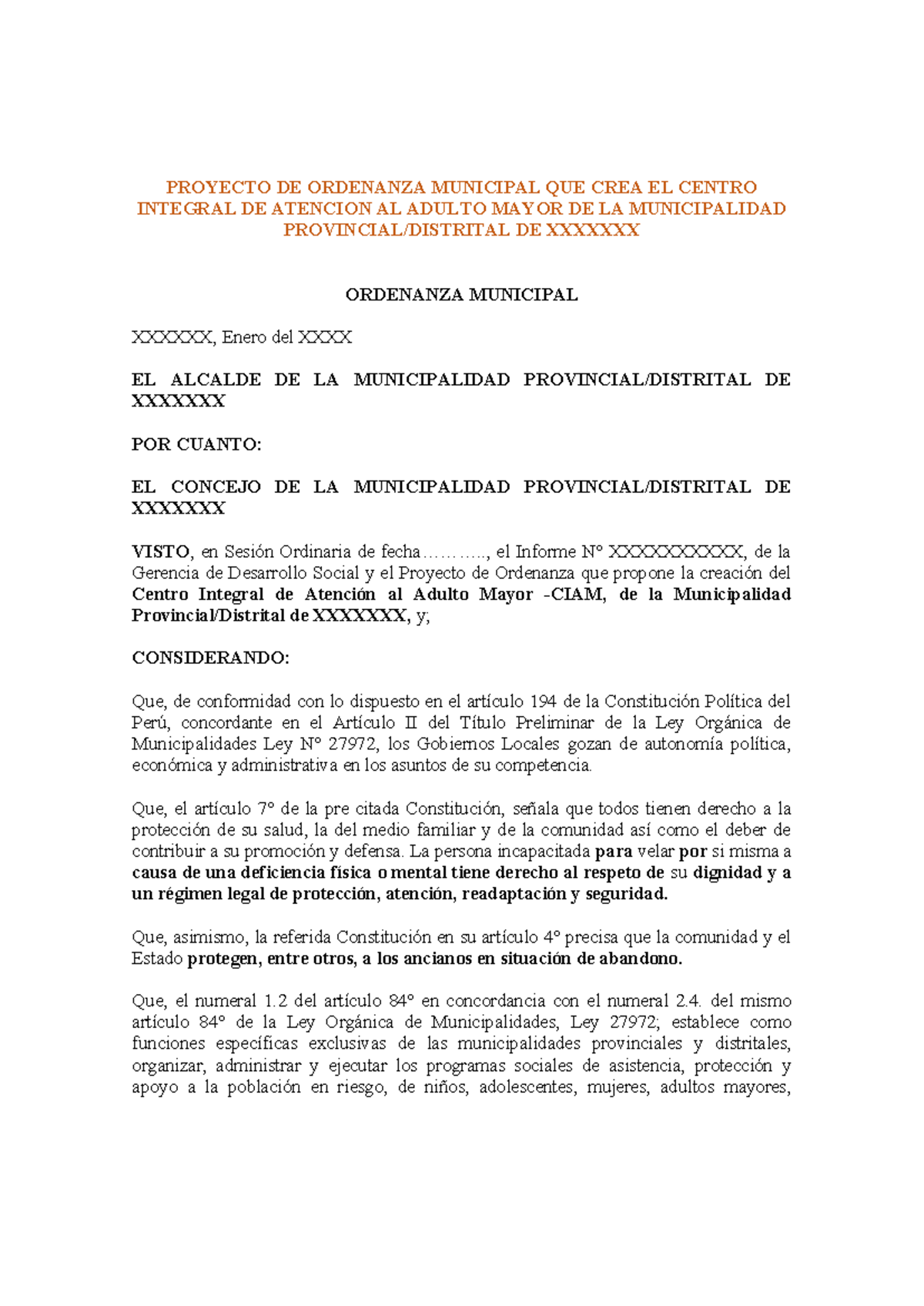 Modelo Ordenanza Proyecto De Ordenanza Municipal Que Crea El Centro Integral De Atencion Al 4357