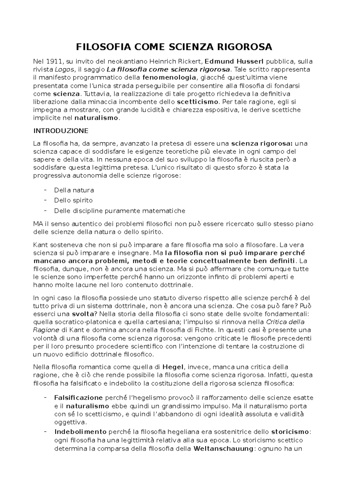 Filosofia COME Scienza Rigorosa FILOSOFIA COME SCIENZA RIGOROSA Nel