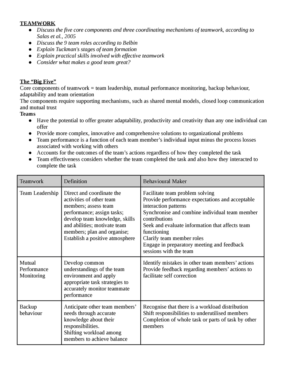 Teamwork - f+fs - TEAMWORK Discuss the five core components and three ...