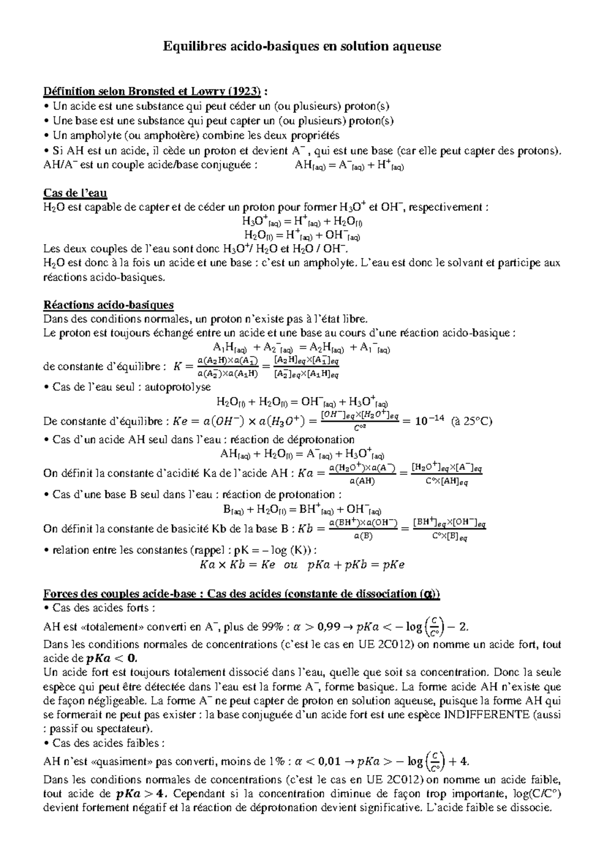 Fiche Equilibres Acido Basiques Equilibres Acido Basiques En Solution Aqueuse Définition Selon 9462