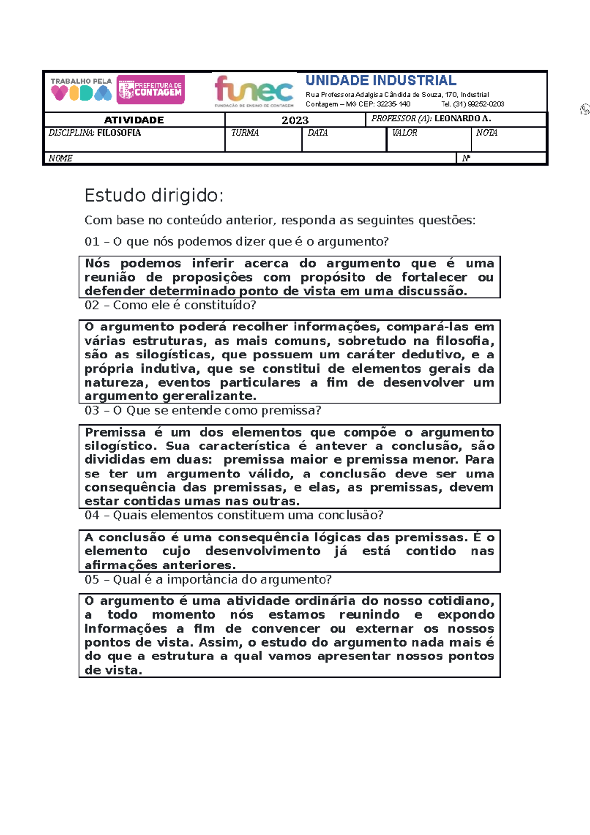 FIL. Argumentação - Atividades Para O Ensino Regular - UNIDADE ...