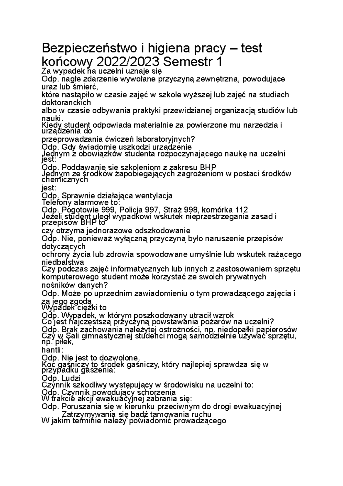 Bezpieczeństwo i higiena pracy – test końcowy 2022 2023 Semestr 1