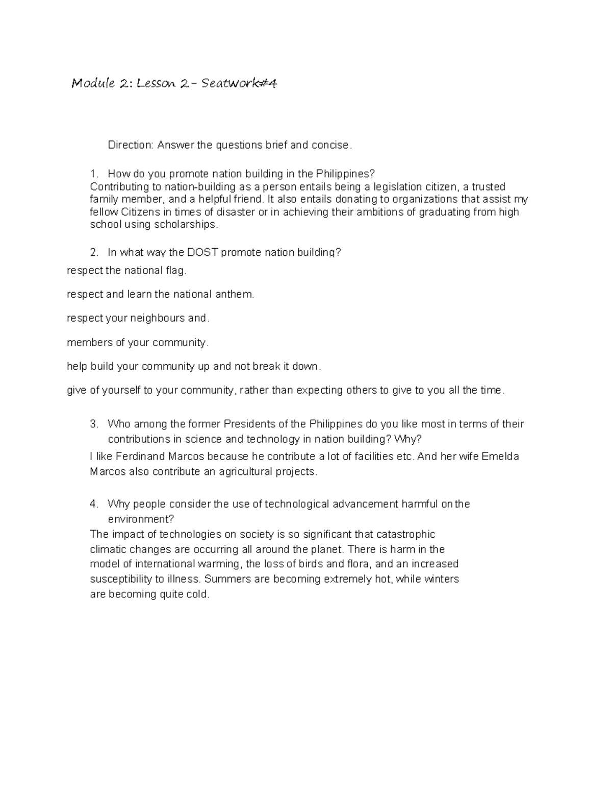 M2L2SW4 Module 1 Lesson1 Seatwork2 Answer the questions concise
