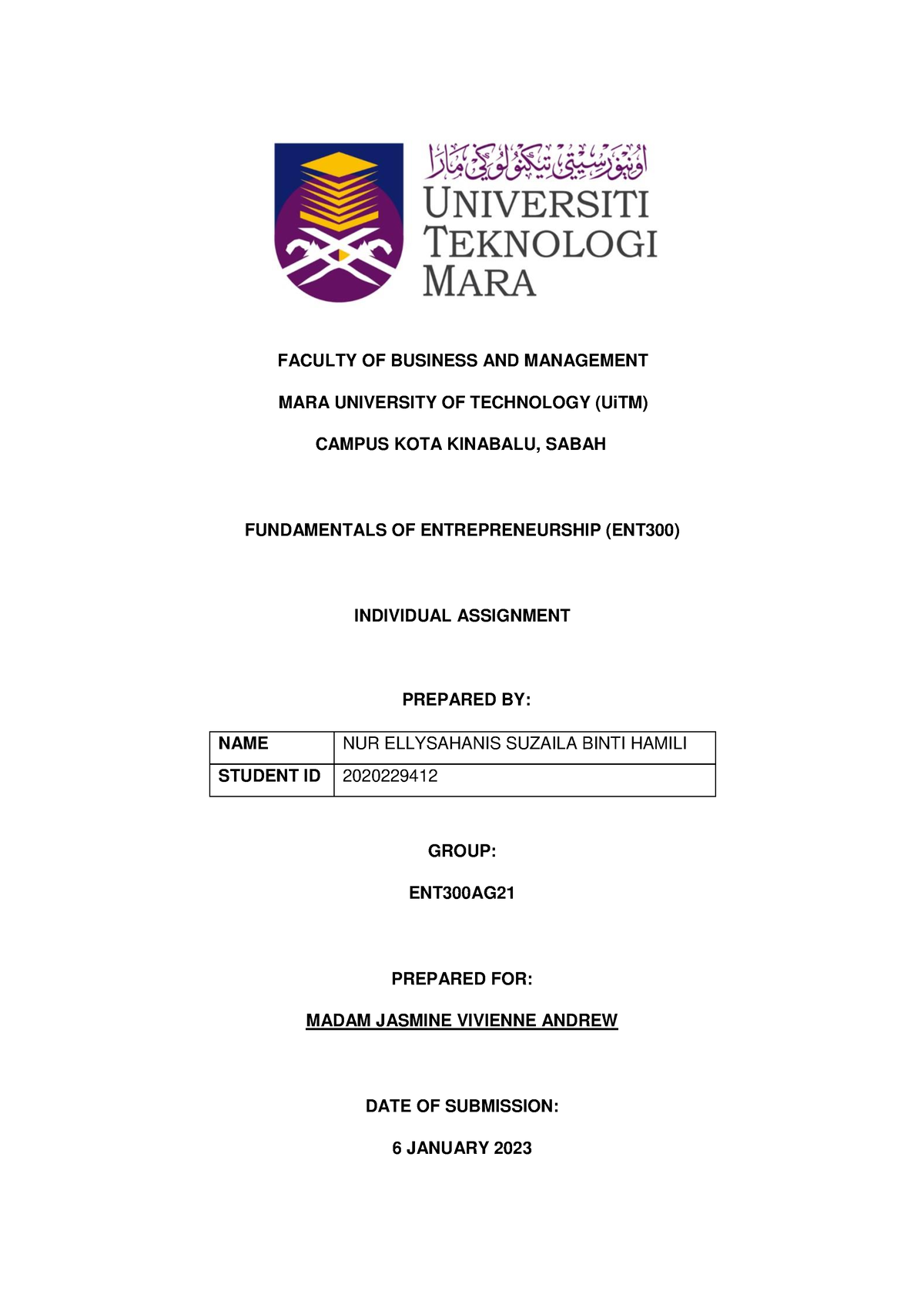 ENT300 Individual Assignment (NUR Ellysahanis Suzaila Binti Hamili ...