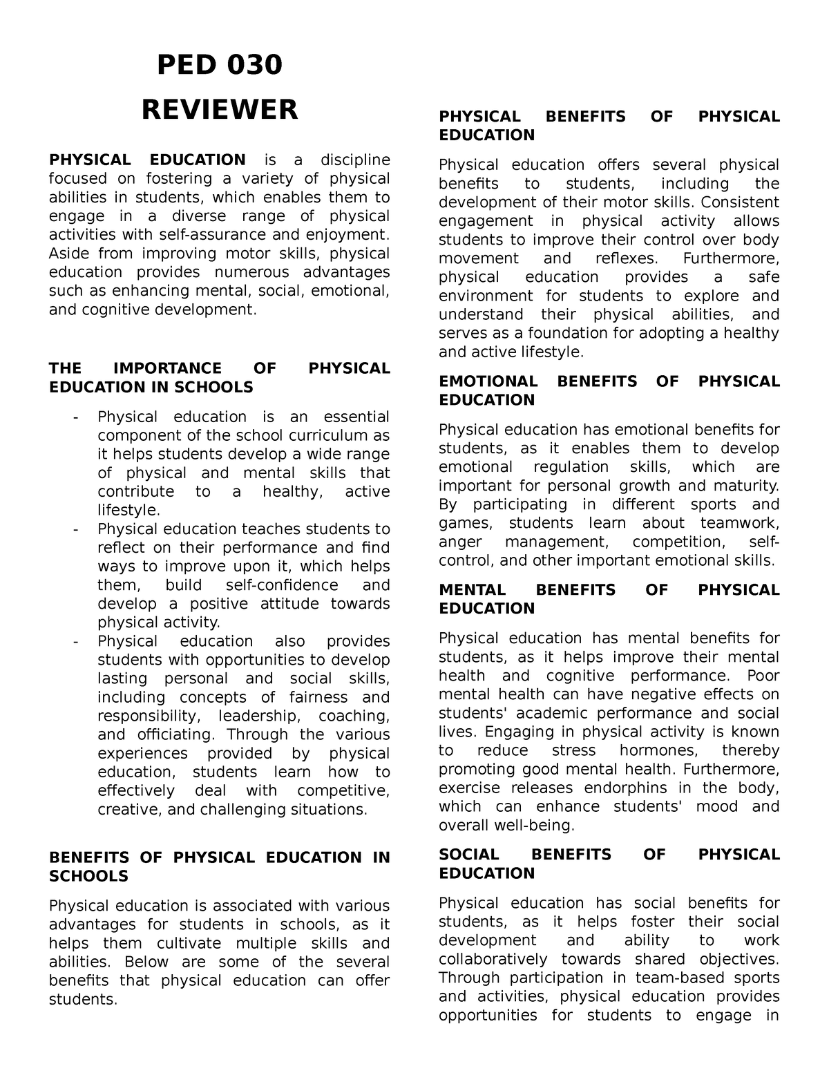 PED 030 - PED 030 REVIEWER - PED 030 REVIEWER PHYSICAL EDUCATION Is A ...