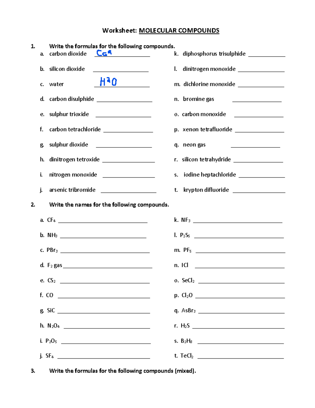 Molecular Compounts Worksheet Worksheet MOLECULAR COMPOUNDS a. Write the formulas for the