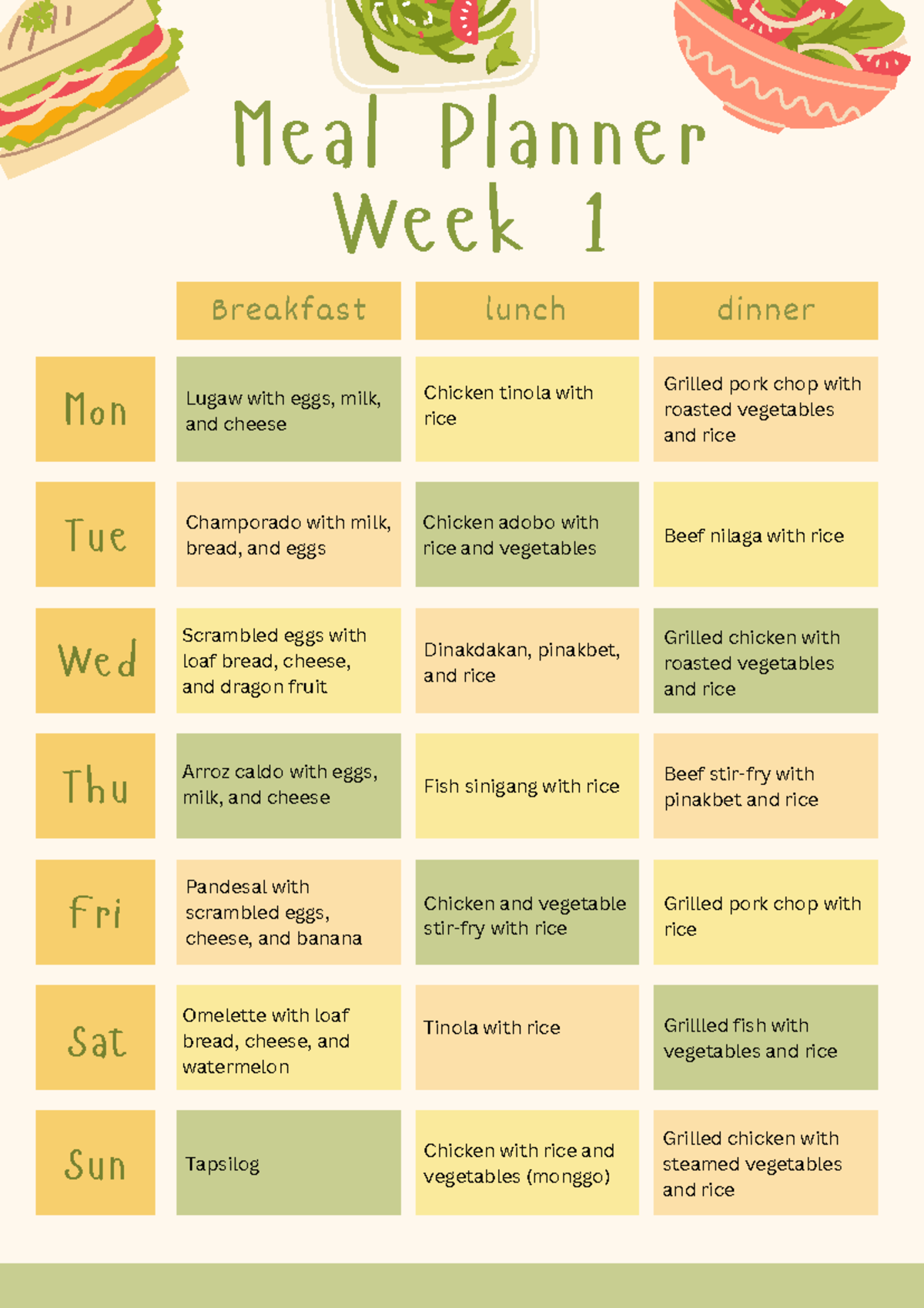 Meal plan sample - Mon Tue Wed Thu Fri Sat Sun Meal Planner Week 1 ...