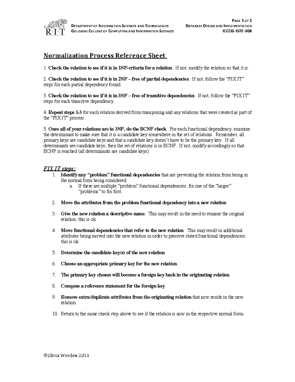 Normalization Process Reference - PAGE 1 OF 1 DEPARTMENT OF INFORMATION ...