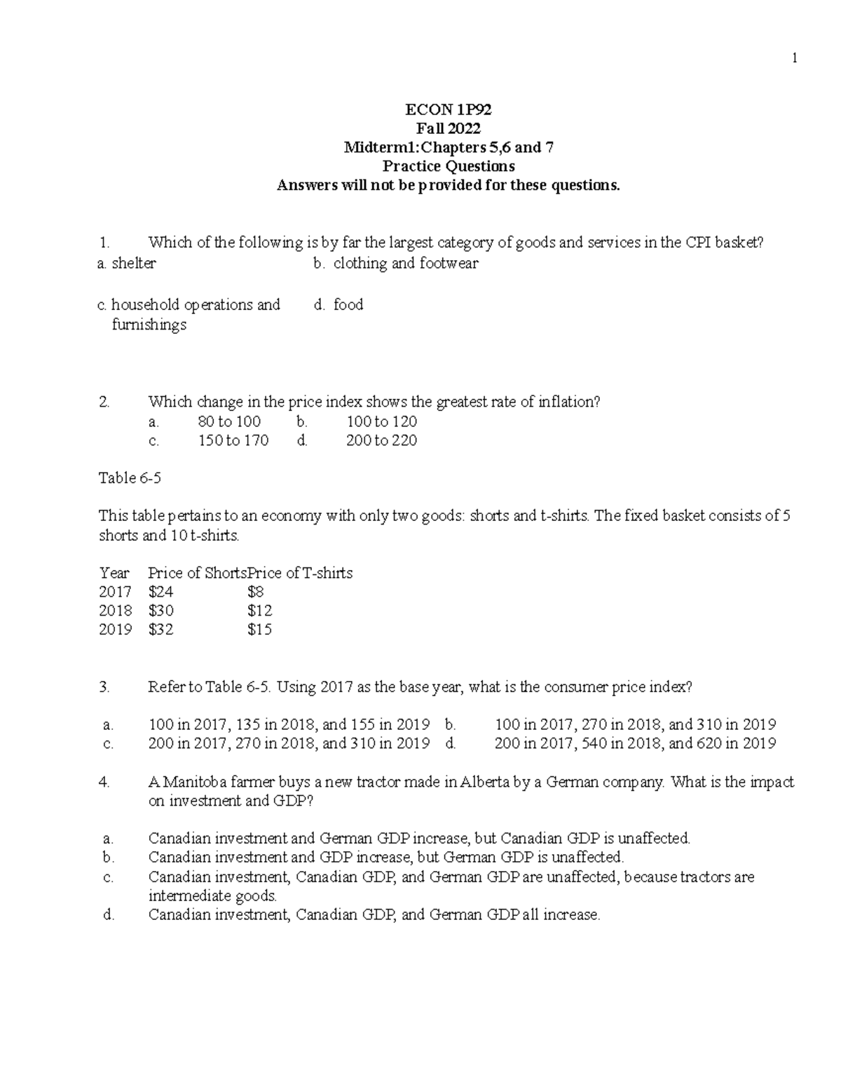 Midterm 1 PQ - ECON 1P Fall 2022 Midterm1:Chapters 5,6 and 7 Practice ...