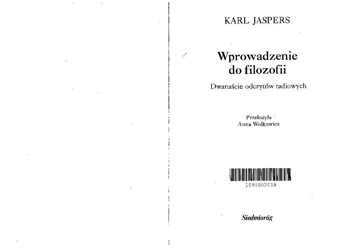 Jaspers - Wprowadzenie do filozofii - filozofia - Studocu